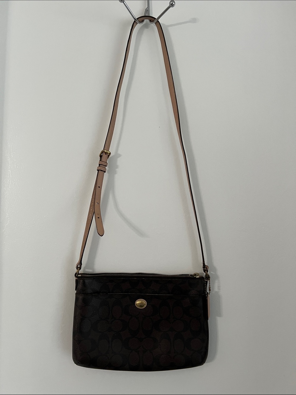 Coach Brown Signature Canvas Crossbody with Tan Leather Strap